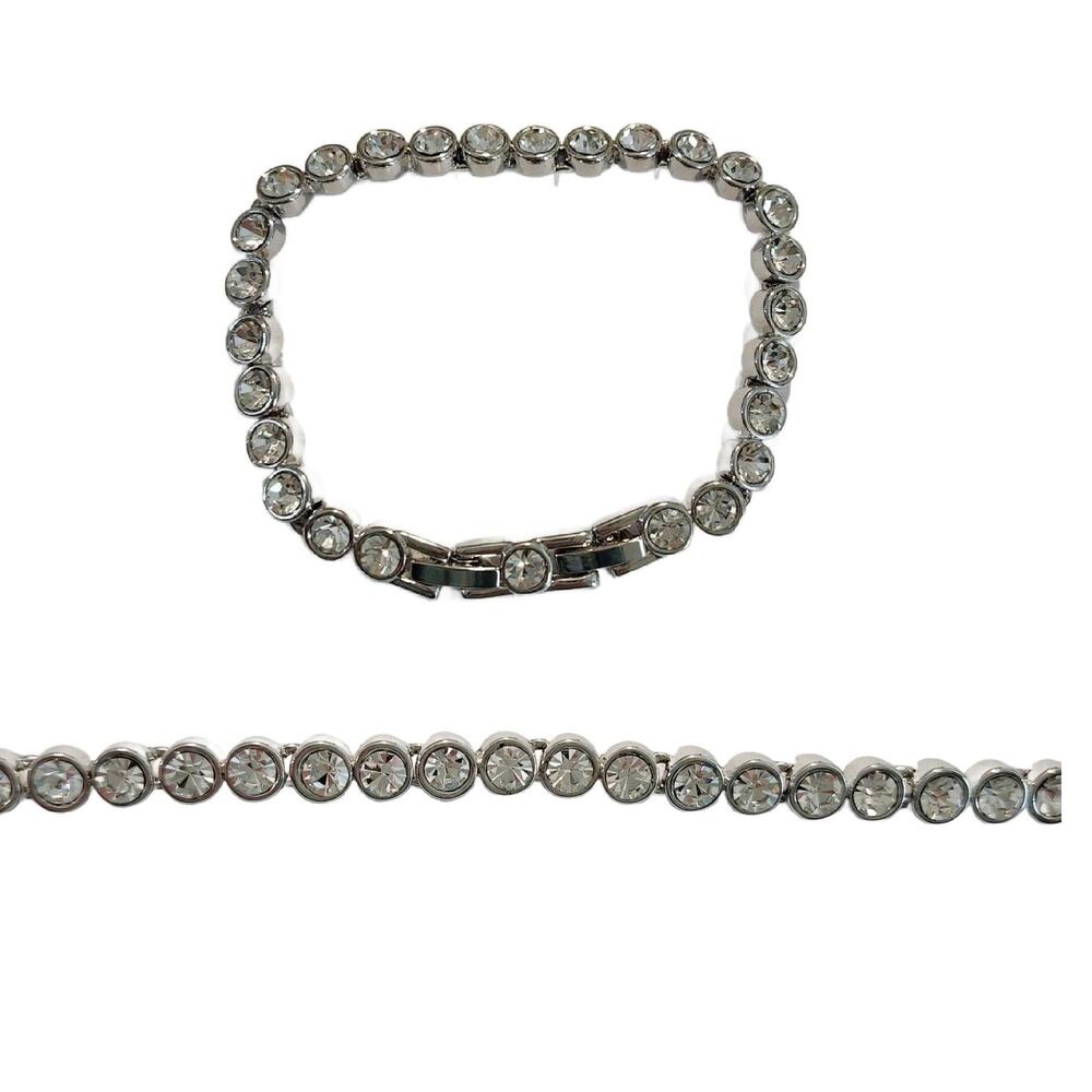 Vintage Silver Plated Crystal Tennis Bracelet, 7" Long